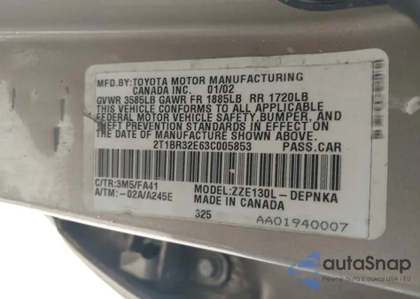 2003 Toyota Corolla Le z USA, uszkodzony, nr VIN 2T1BR32E63C005853